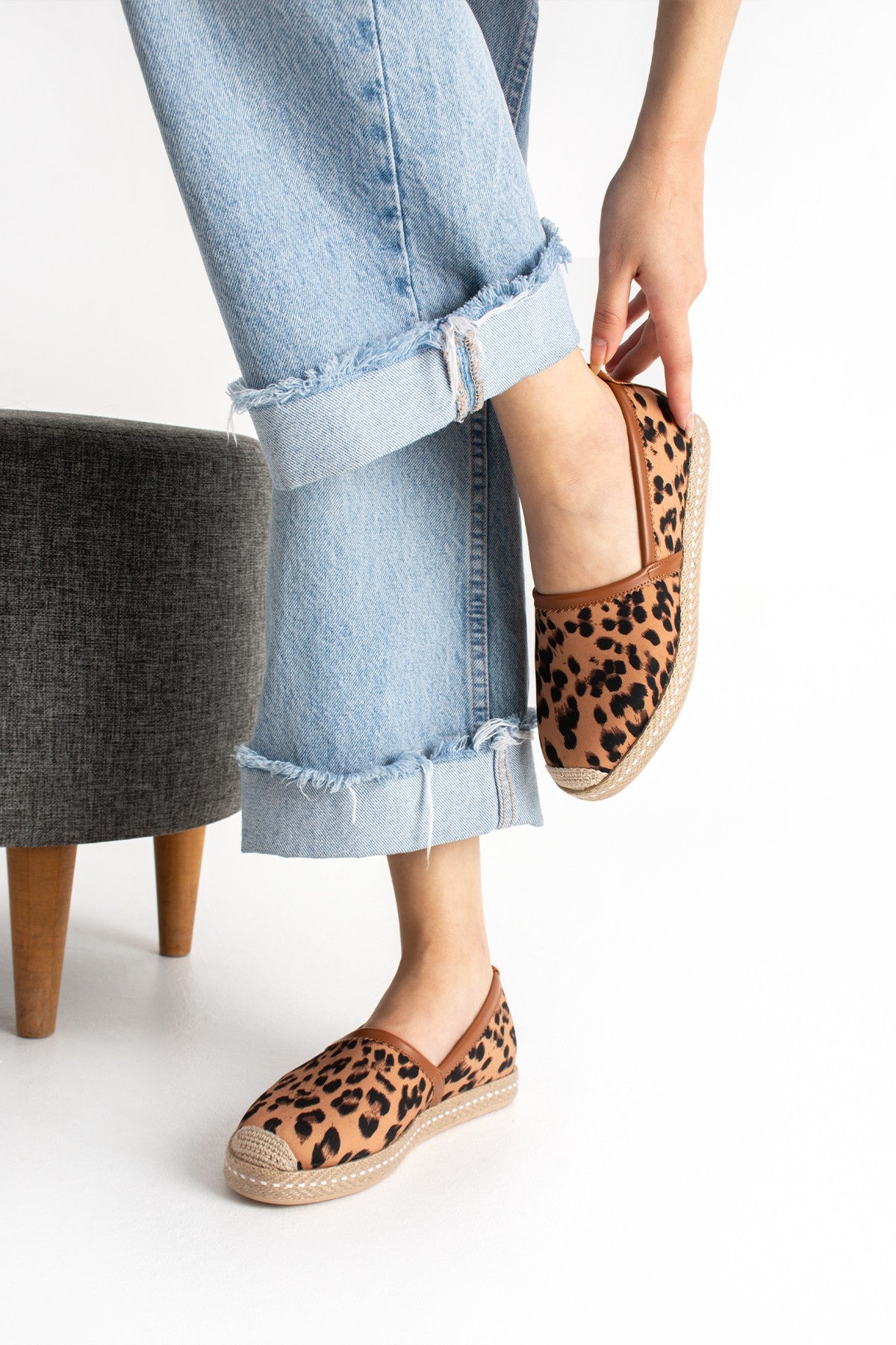 Taba Leopar Kadın Hasır Taban Espadril Rahat ve Ergonomik Ayakkabı