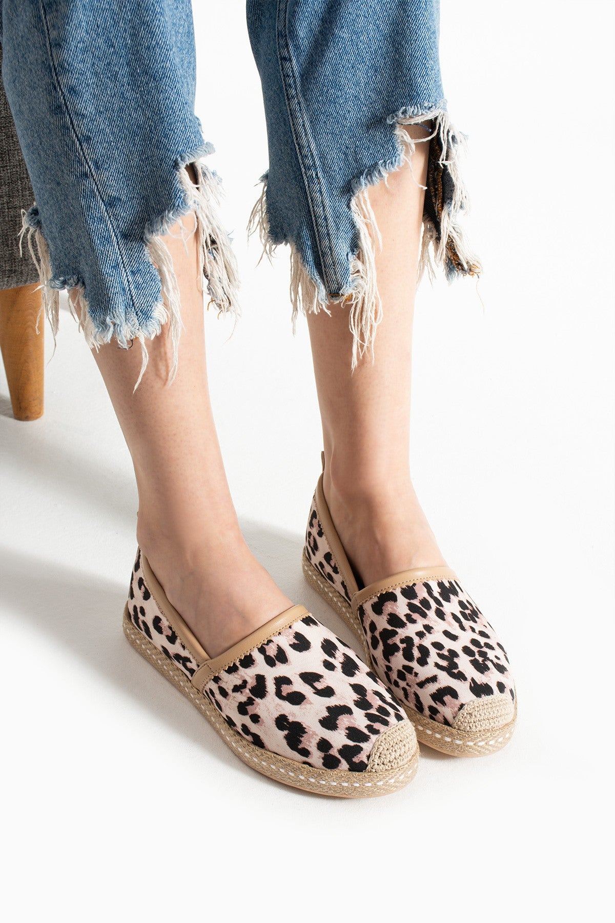Vizon Leopar Kadın Hasır Taban Espadril Rahat ve Ergonomik Ayakkabı