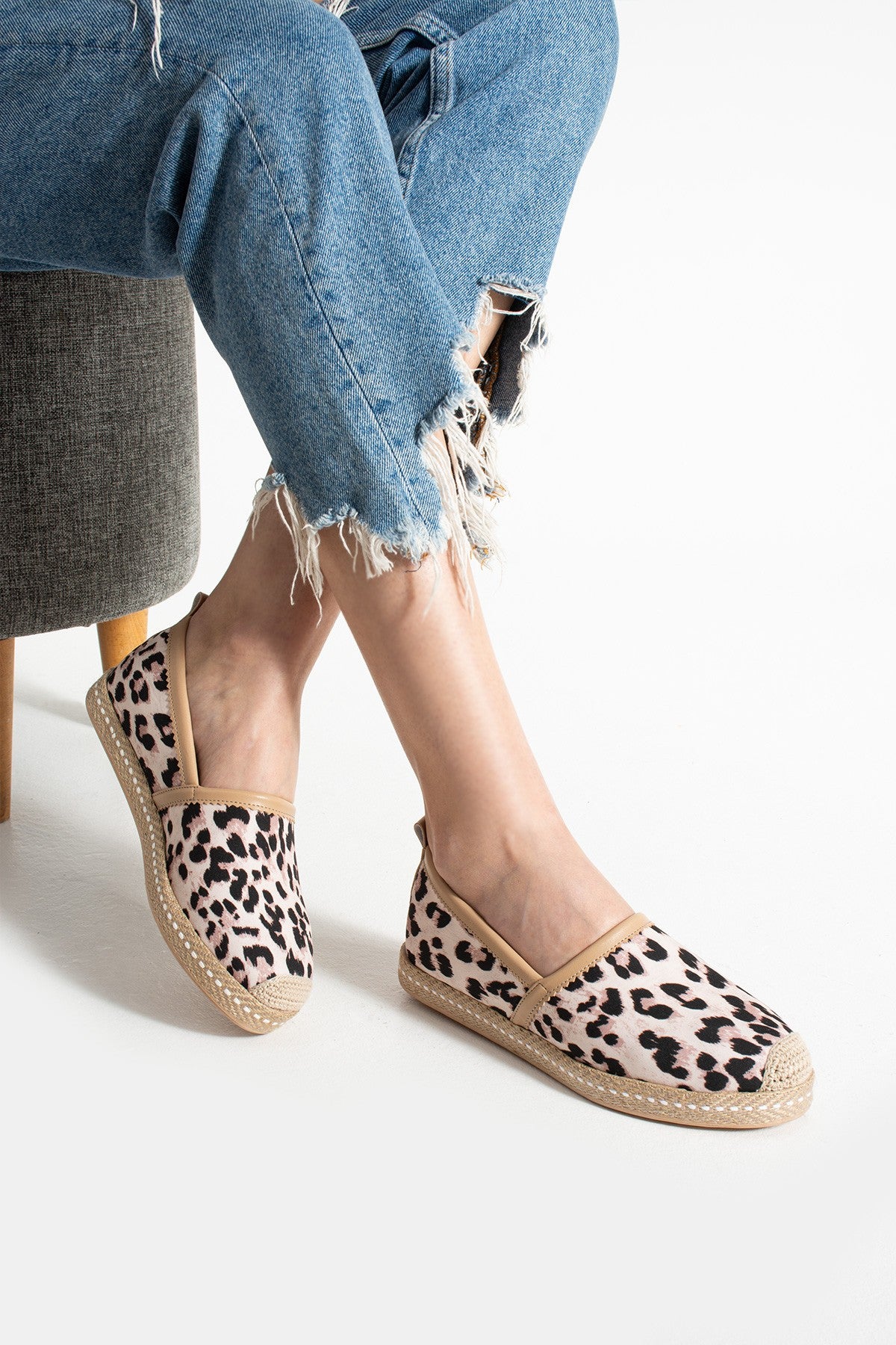 Vizon Leopar Kadın Hasır Taban Espadril Rahat ve Ergonomik Ayakkabı