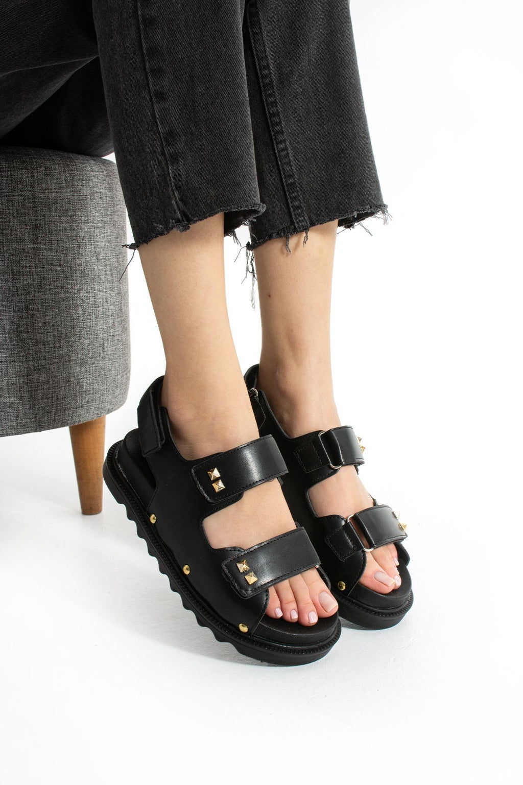 Siyah Kadın Çift Tokalı Rahat Anatomik Comfort Ergonomik Flatform Sandalet