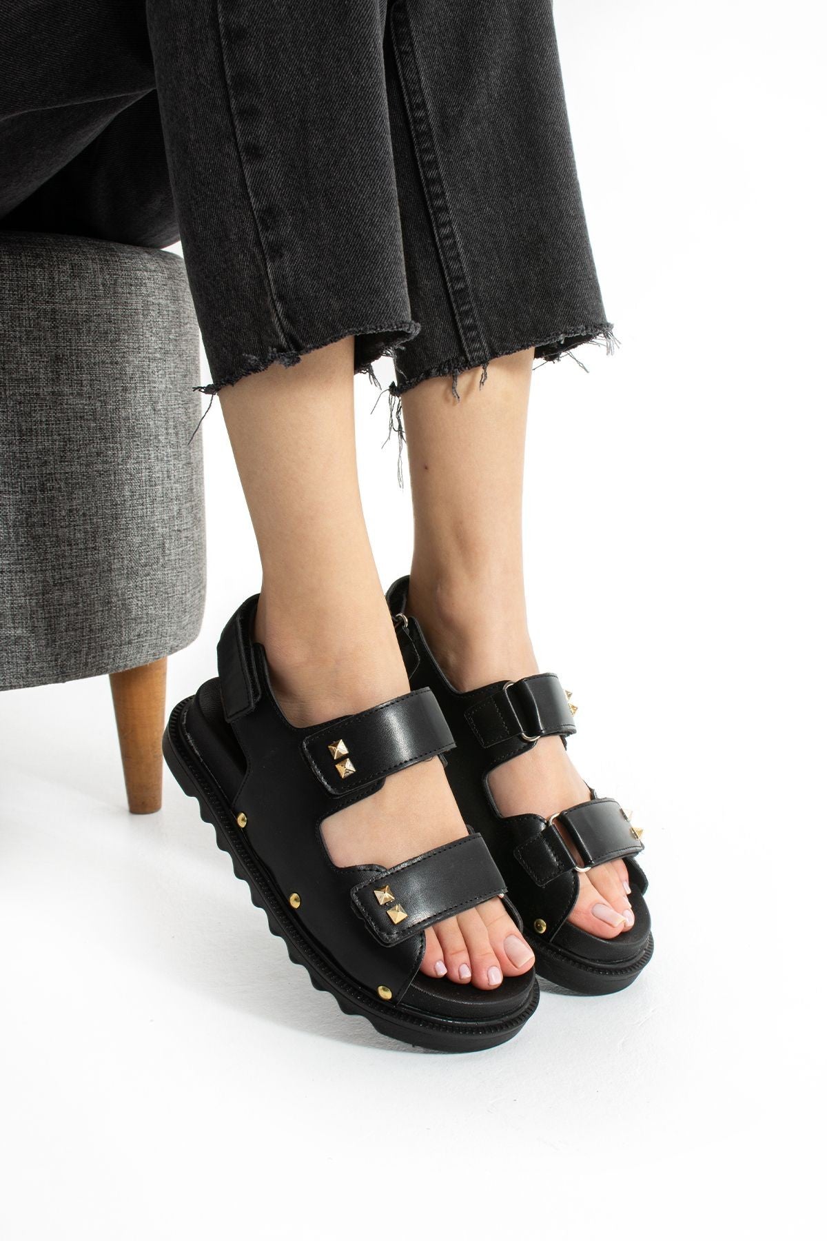 Siyah Kadın Çift Tokalı Rahat Anatomik Comfort Ergonomik Flatform Sandalet