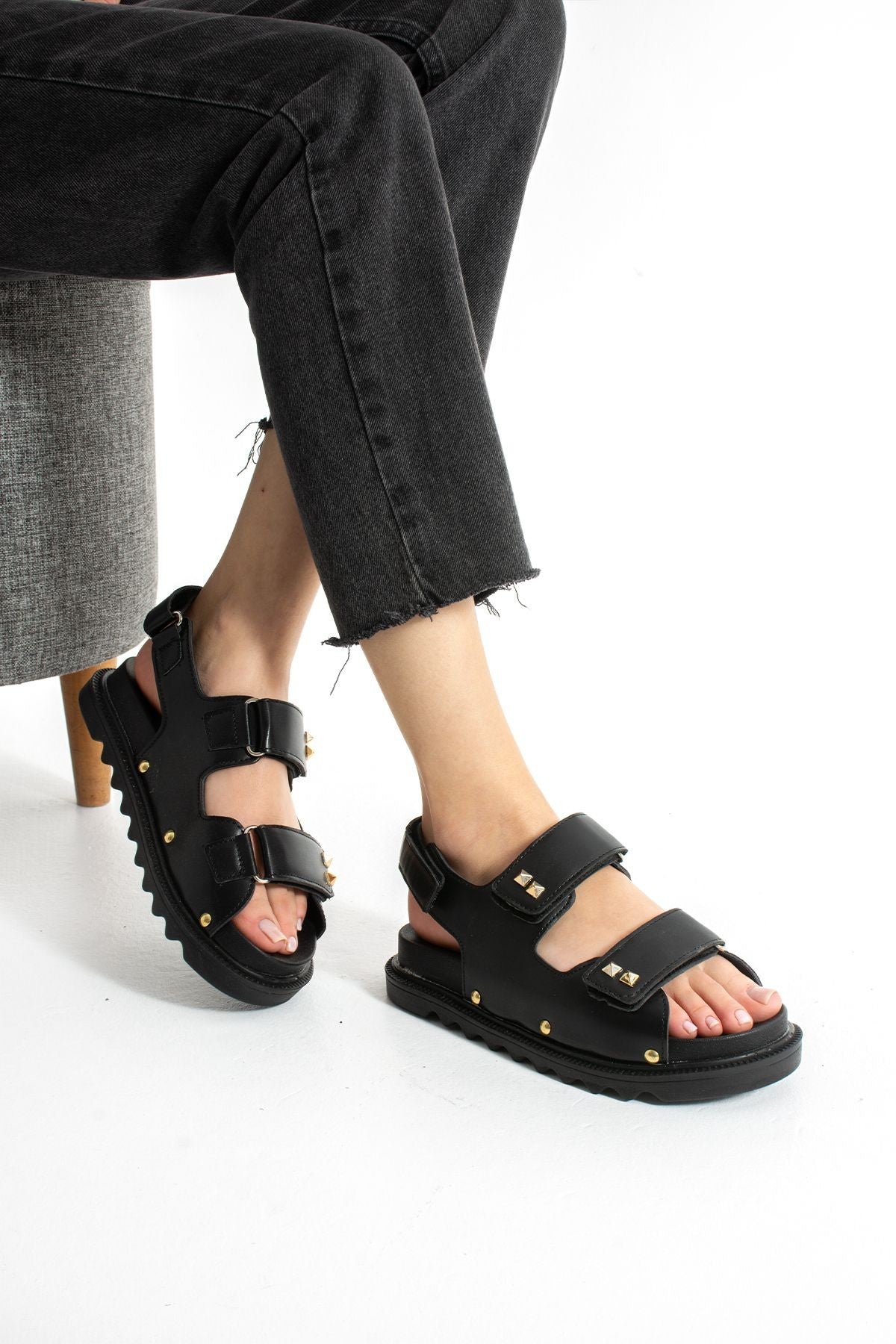 Siyah Kadın Çift Tokalı Rahat Anatomik Comfort Ergonomik Flatform Sandalet