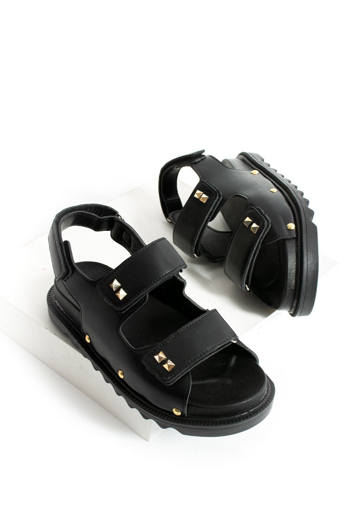 Siyah Kadın Çift Tokalı Rahat Anatomik Comfort Ergonomik Flatform Sandalet