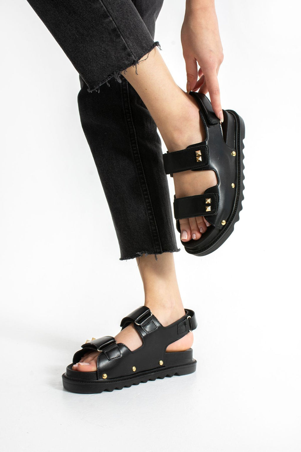 Siyah Kadın Çift Tokalı Rahat Anatomik Comfort Ergonomik Flatform Sandalet