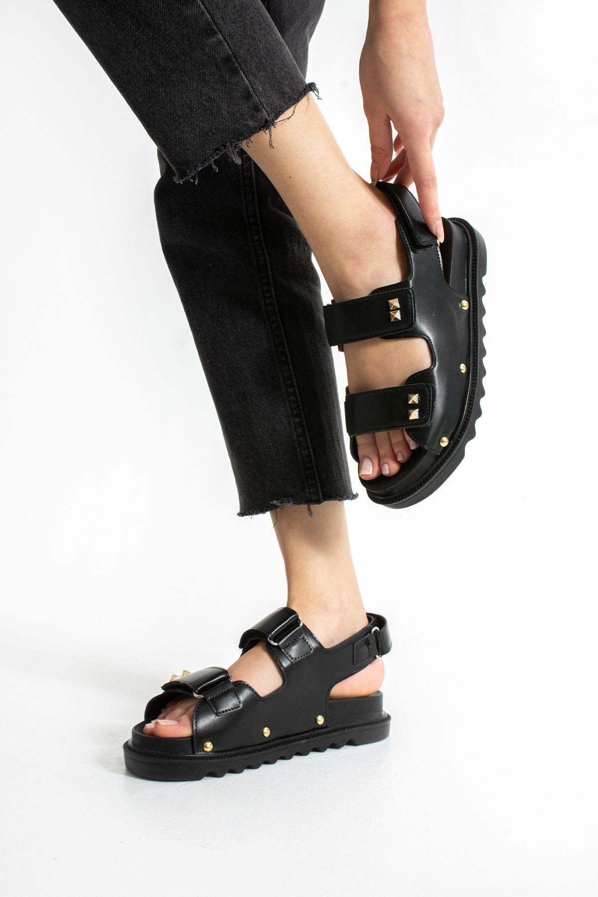Siyah Kadın Çift Tokalı Rahat Anatomik Comfort Ergonomik Flatform Sandalet