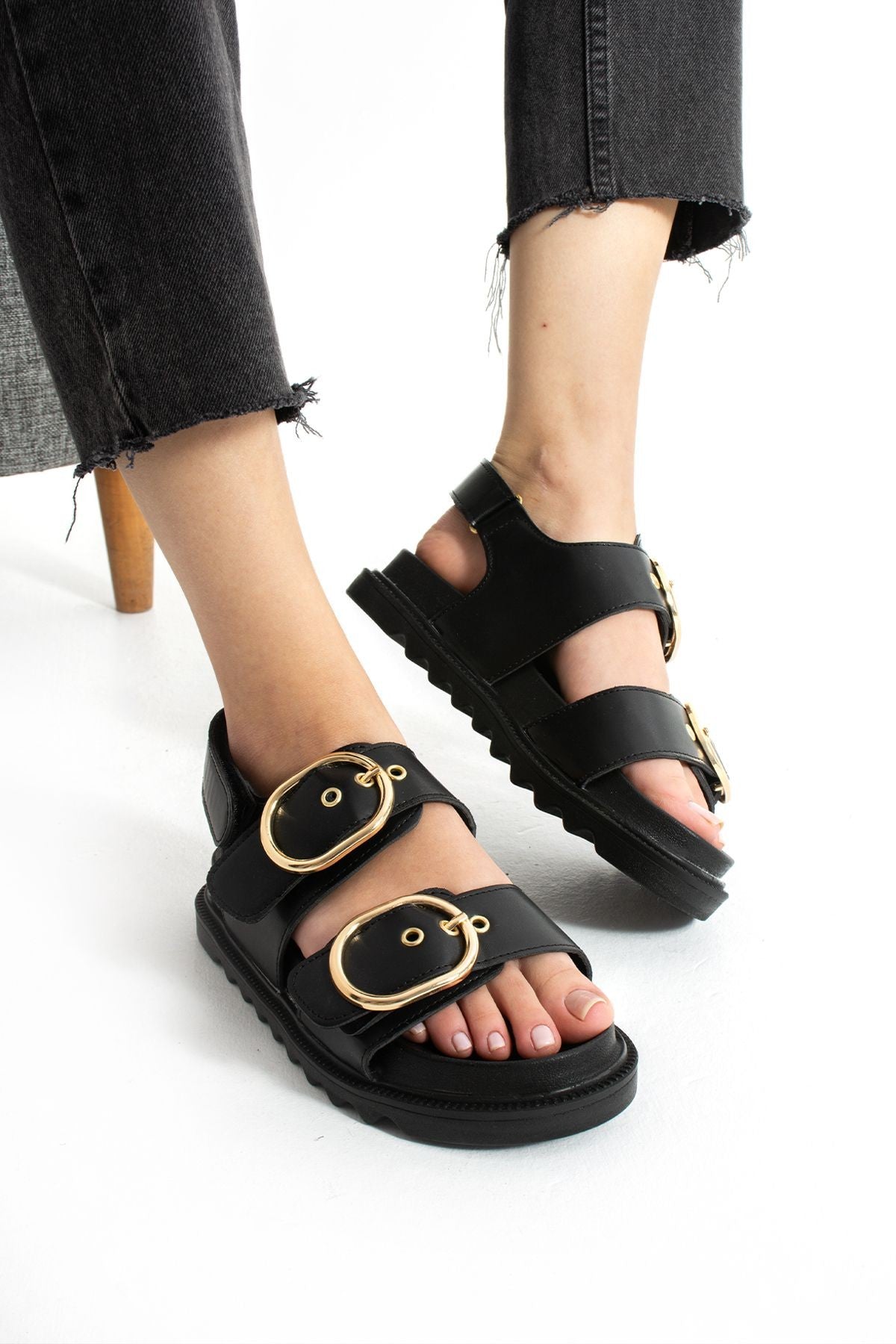 Siyah Kadın Çift Tokalı Rahat Anatomik Comfort Ergonomik Flatform Sandalet