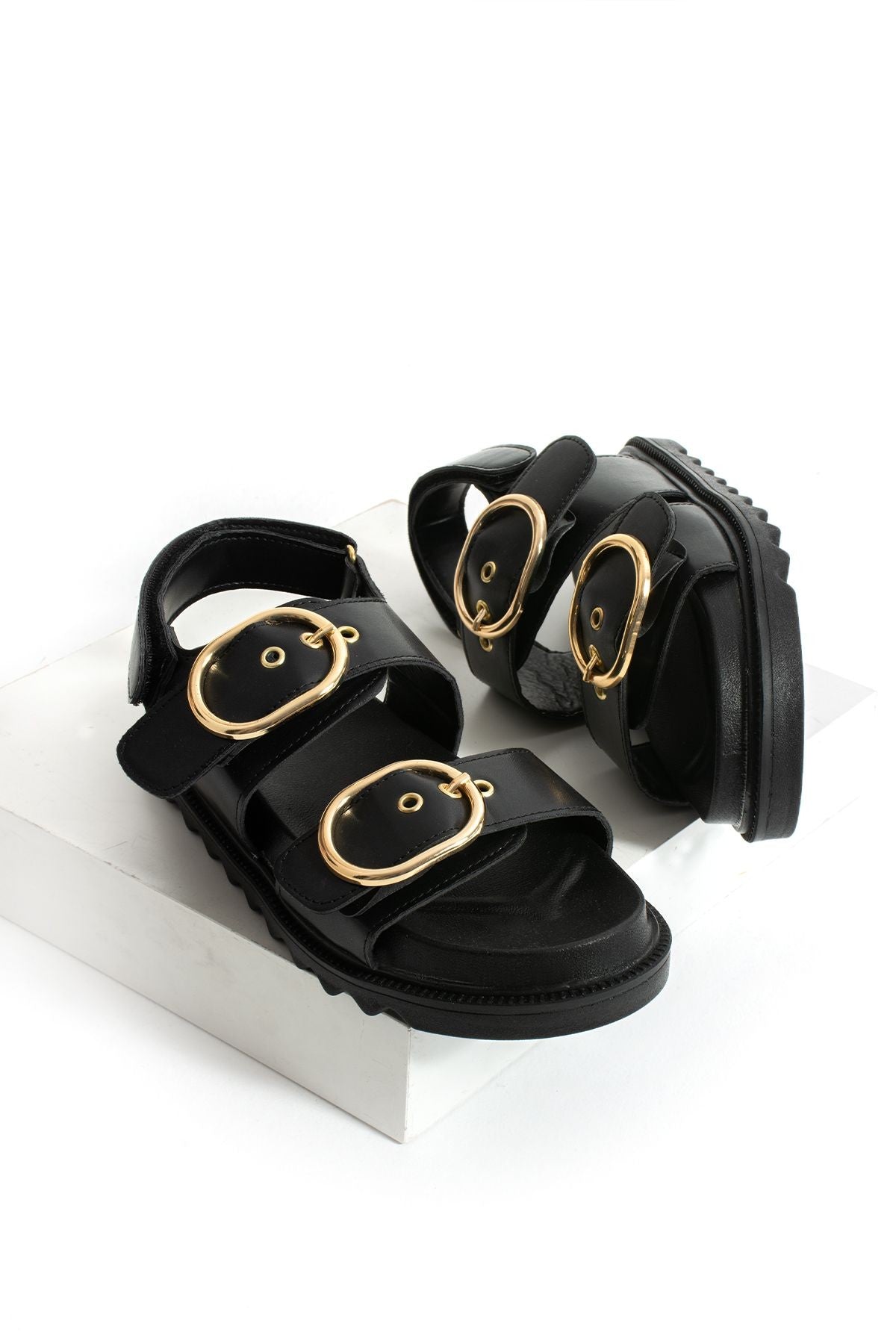 Siyah Kadın Çift Tokalı Rahat Anatomik Comfort Ergonomik Flatform Sandalet