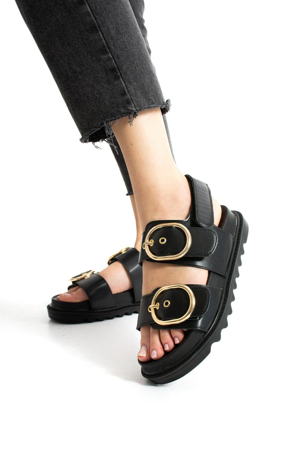 Siyah Kadın Çift Tokalı Rahat Anatomik Comfort Ergonomik Flatform Sandalet