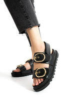 Siyah Kadın Çift Tokalı Rahat Anatomik Comfort Ergonomik Flatform Sandalet