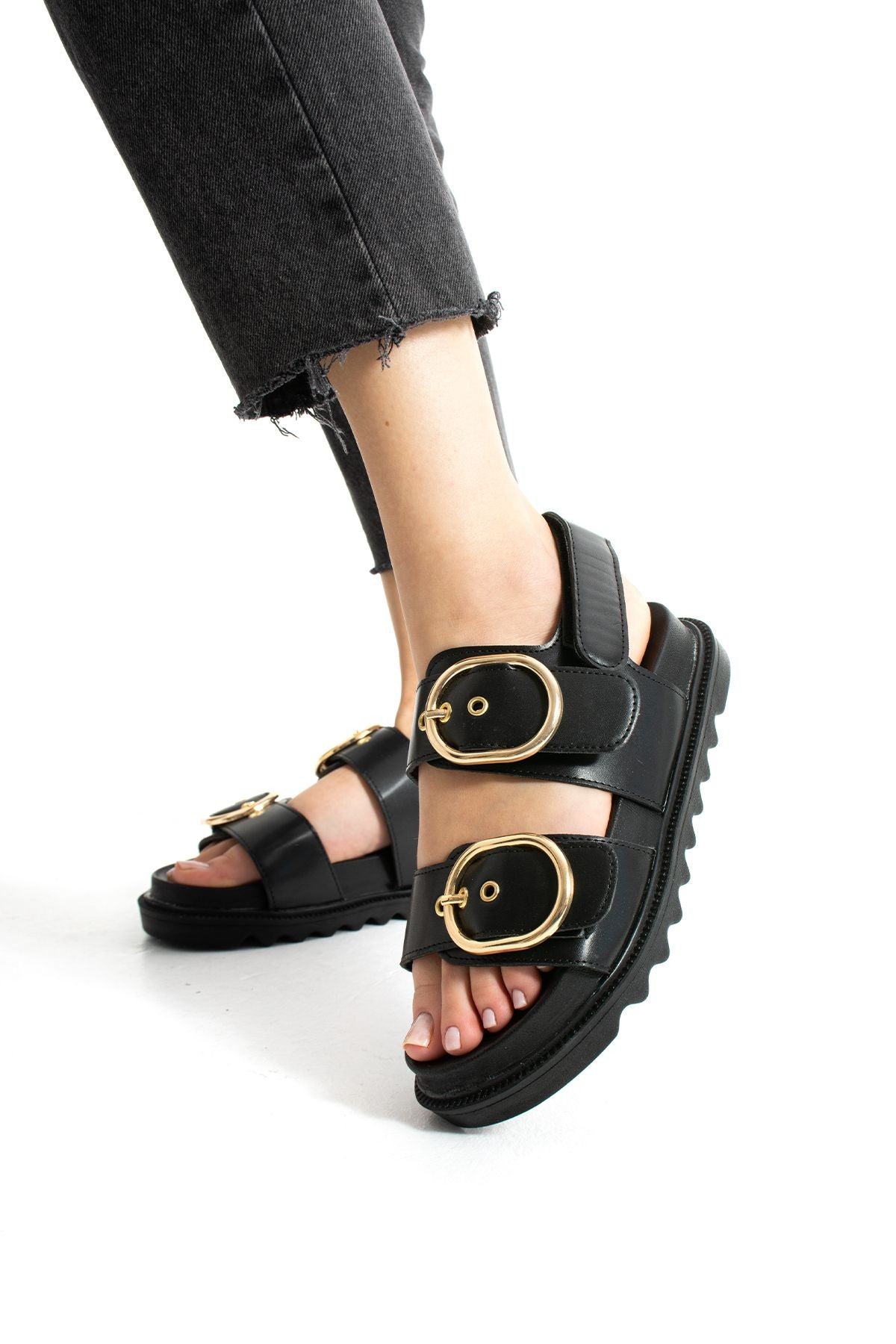 Siyah Kadın Çift Tokalı Rahat Anatomik Comfort Ergonomik Flatform Sandalet