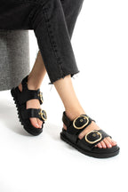 Siyah Kadın Çift Tokalı Rahat Anatomik Comfort Ergonomik Flatform Sandalet