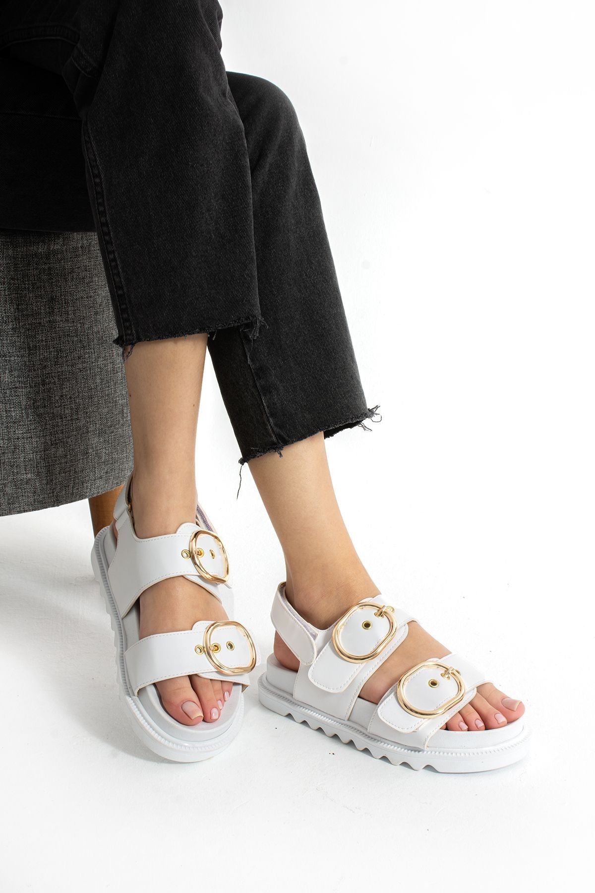 Siyah Kadın Çift Tokalı Rahat Anatomik Comfort Ergonomik Flatform Sandalet
