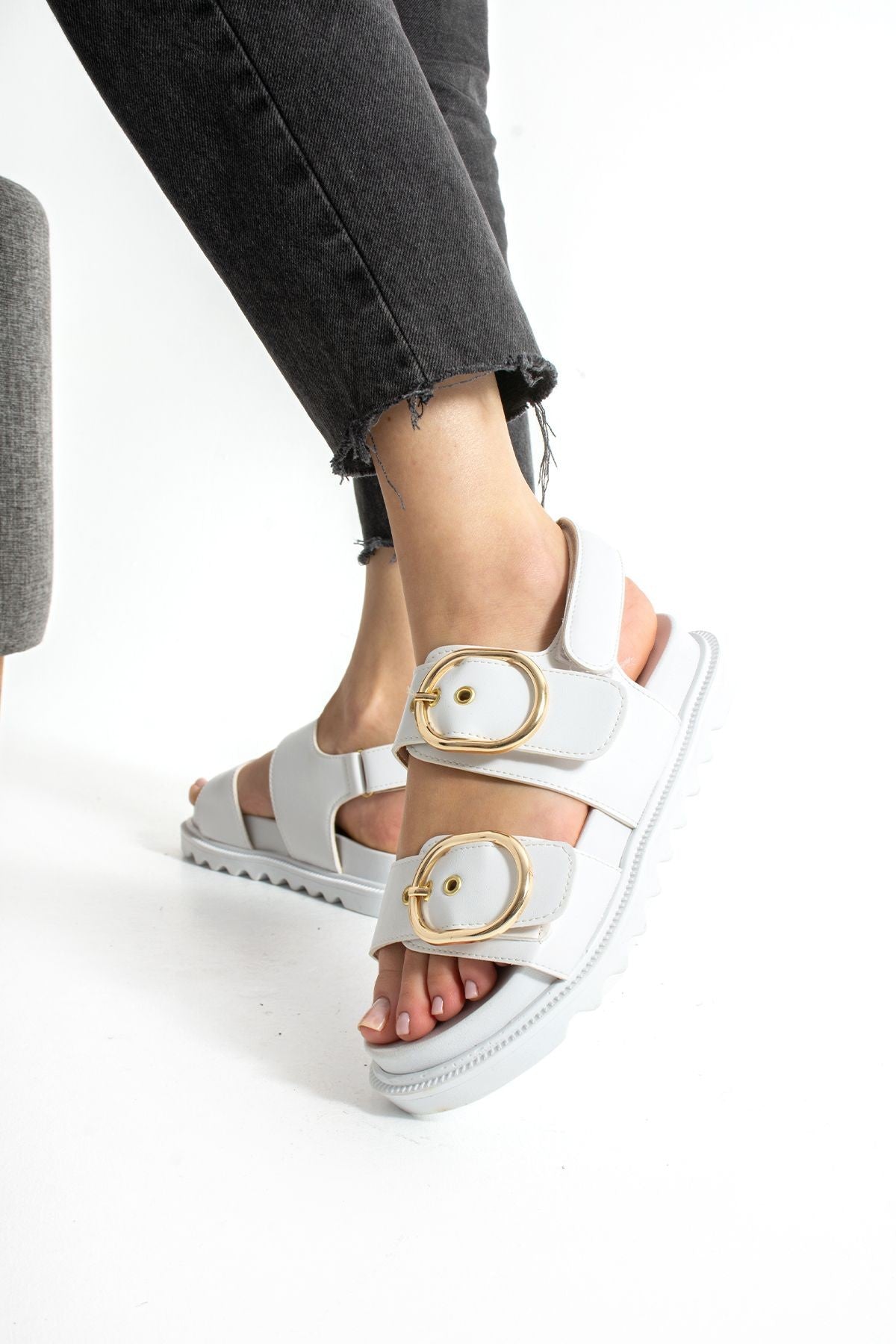 Siyah Kadın Çift Tokalı Rahat Anatomik Comfort Ergonomik Flatform Sandalet