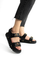 Siyah Kadın Çift Tokalı Rahat Anatomik Comfort Ergonomik Flatform Sandalet