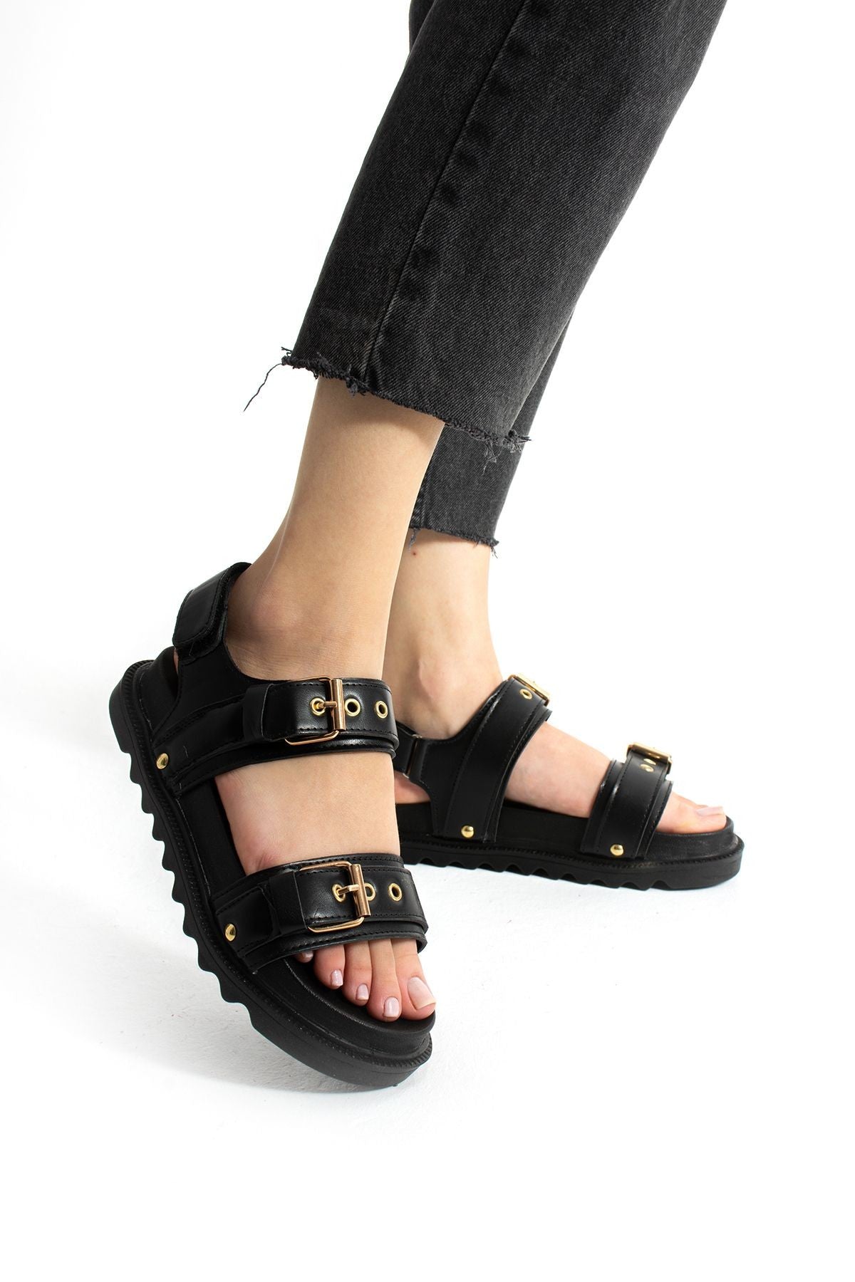 Siyah Kadın Çift Tokalı Rahat Anatomik Comfort Ergonomik Flatform Sandalet
