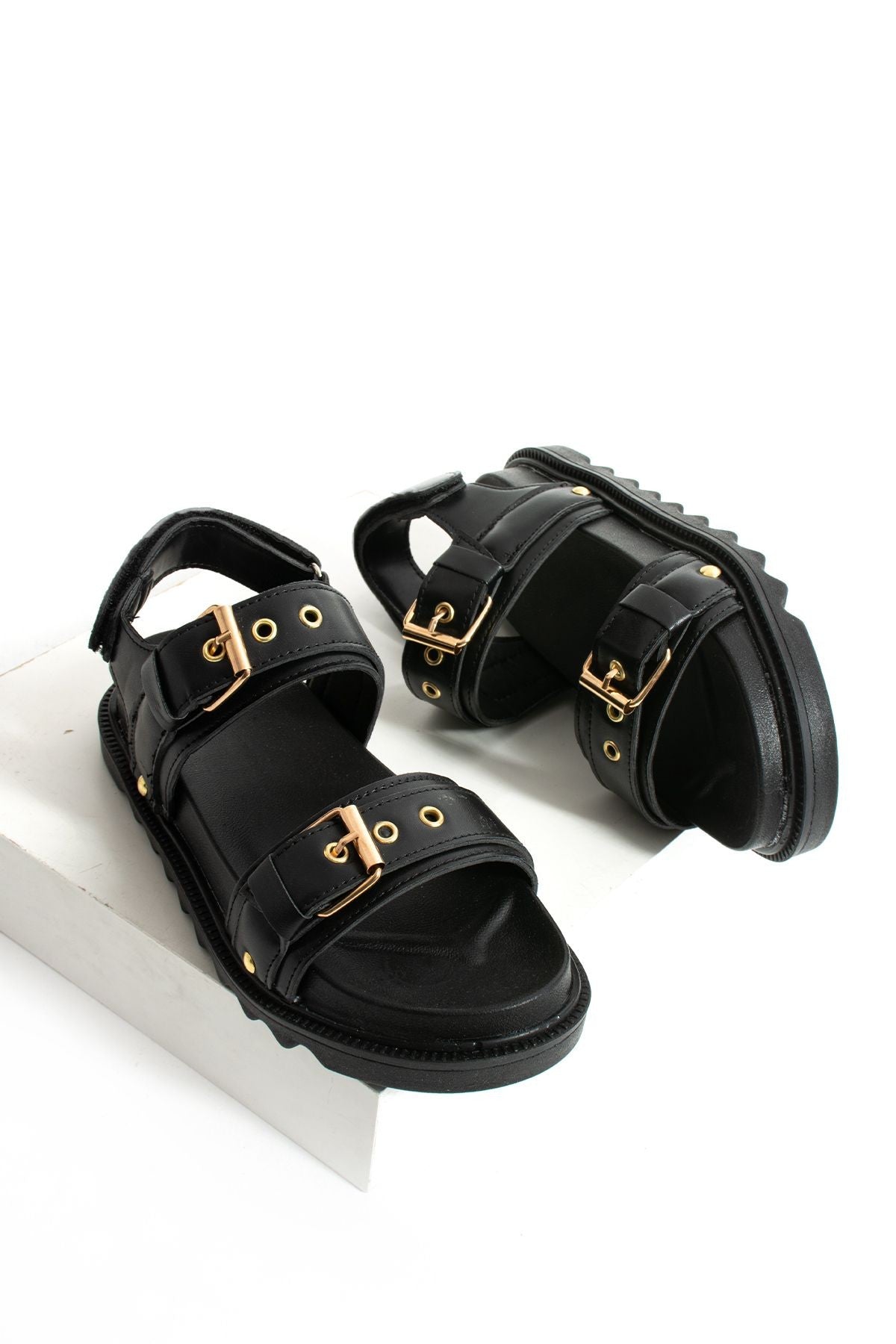 Siyah Kadın Çift Tokalı Rahat Anatomik Comfort Ergonomik Flatform Sandalet