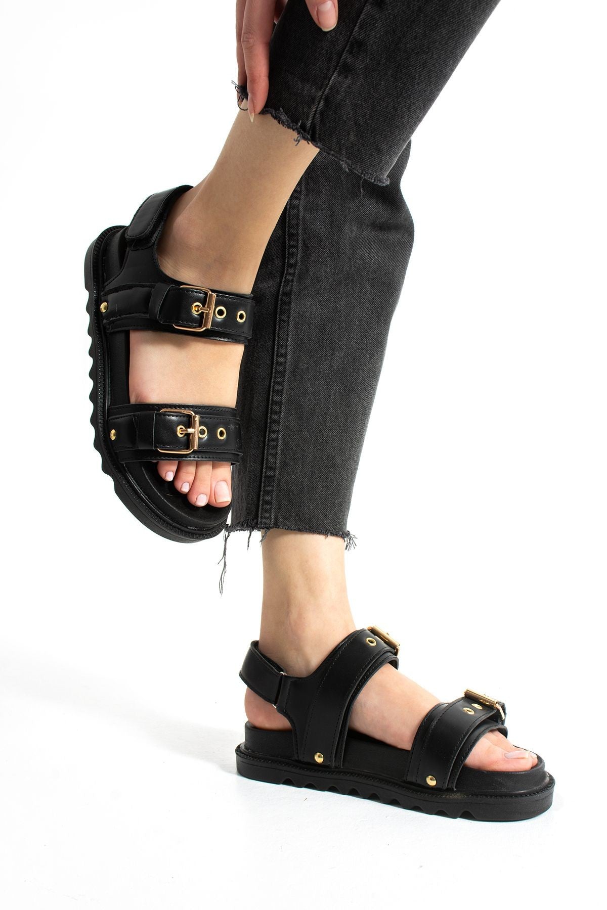 Siyah Kadın Çift Tokalı Rahat Anatomik Comfort Ergonomik Flatform Sandalet