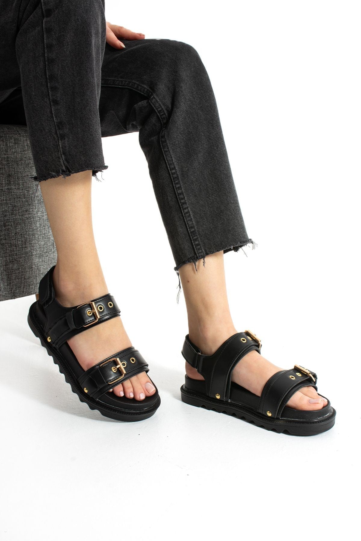Siyah Kadın Çift Tokalı Rahat Anatomik Comfort Ergonomik Flatform Sandalet