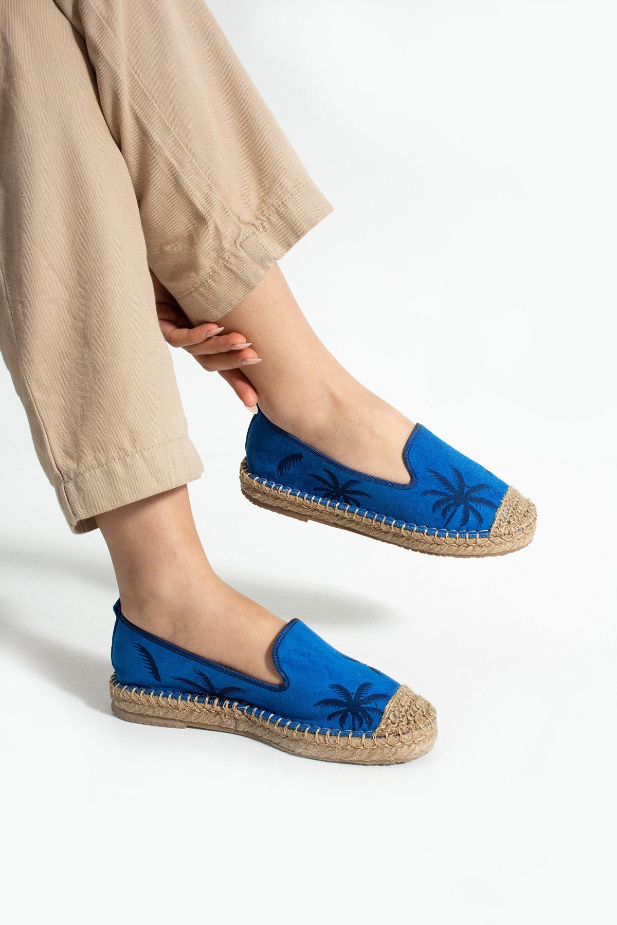 Mavi Kadın Desenli Hasır Taban Espadril Rahat ve Ergonomik Ayakkabı