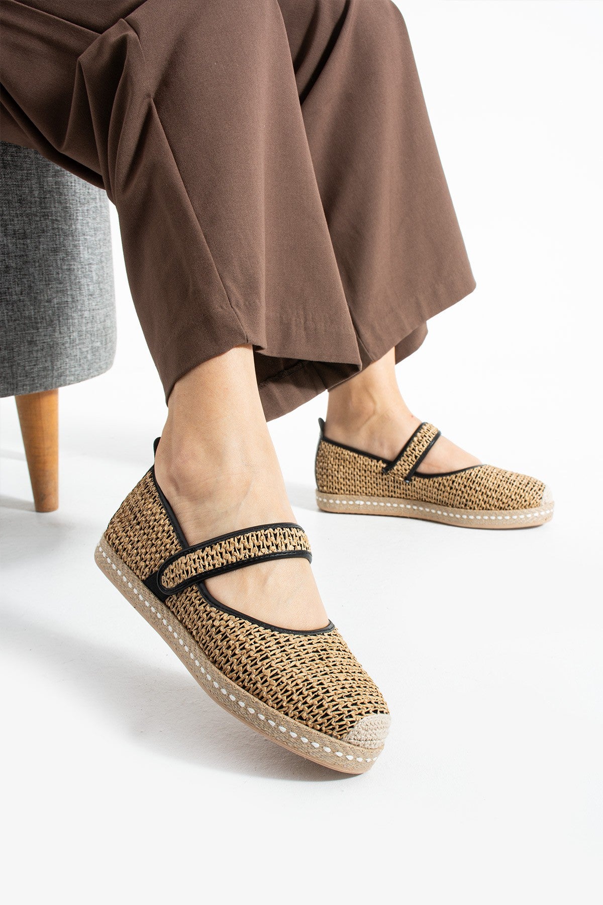 Siyah Kadın Hasır Espadril Comfort Yumuşak Taban Ergonomik Rahat