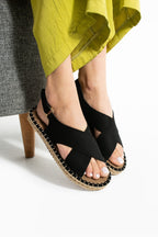 Siyah Kadın Hasır Taban Anatomik Comfort Espadril Ergonomik Arka Cırtlı Günlük Sandalet