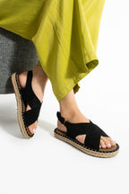 Siyah Kadın Hasır Taban Anatomik Comfort Espadril Ergonomik Arka Cırtlı Günlük Sandalet