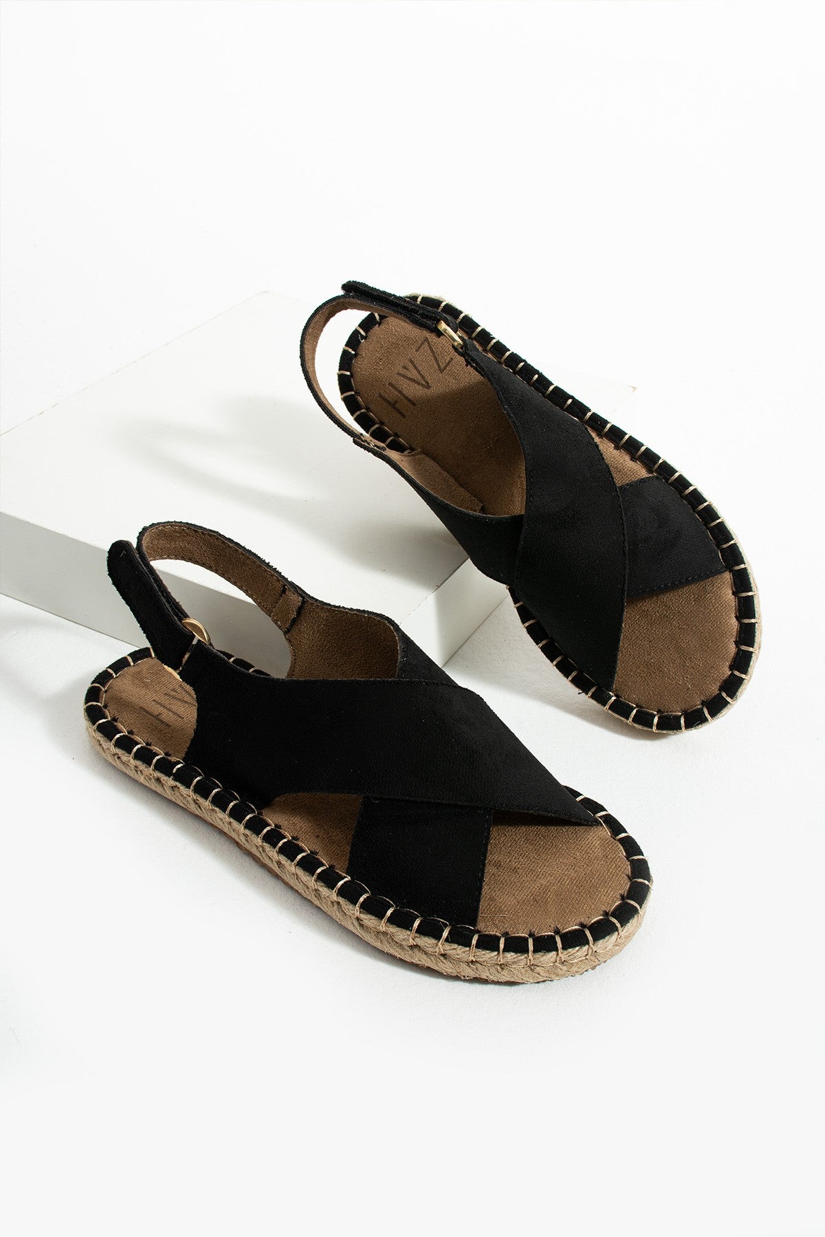 Siyah Kadın Hasır Taban Anatomik Comfort Espadril Ergonomik Arka Cırtlı Günlük Sandalet