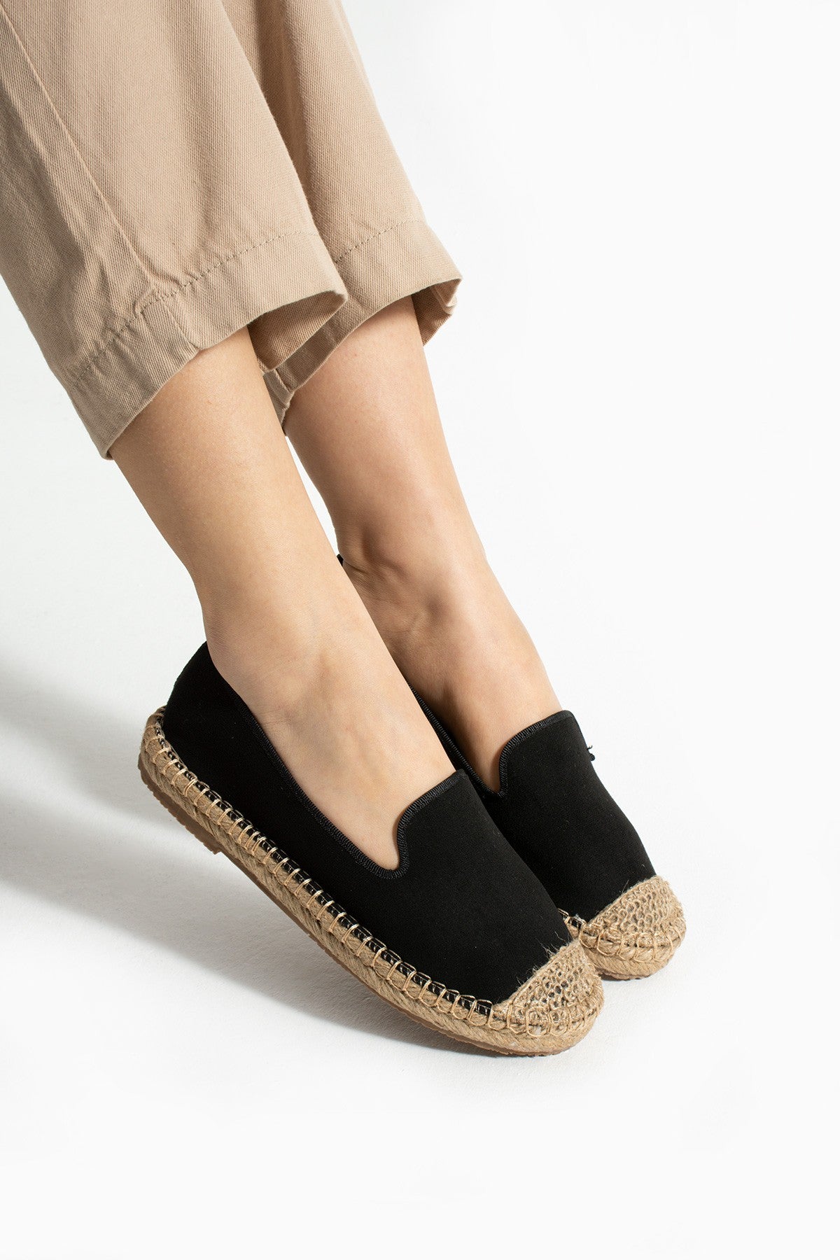 Siyah Kadın Hasır Taban Anatomik Comfort Espadril Ergonomik Günlük Ayakkabı Espadril Loafer Makosek
