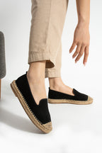 Siyah Kadın Hasır Taban Anatomik Comfort Espadril Ergonomik Günlük Ayakkabı Espadril Loafer Makosek