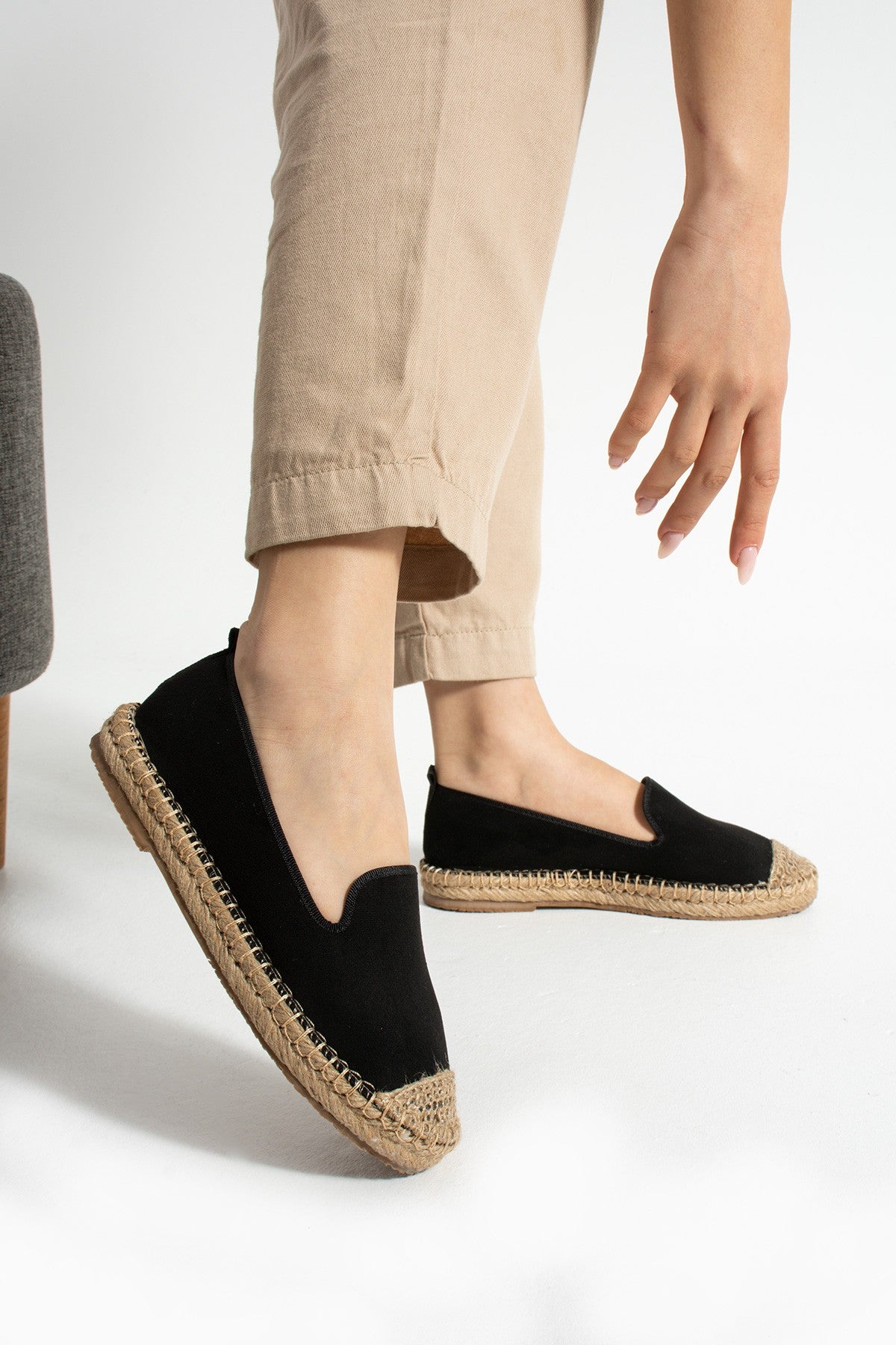 Siyah Kadın Hasır Taban Anatomik Comfort Espadril Ergonomik Günlük Ayakkabı Espadril Loafer Makosek