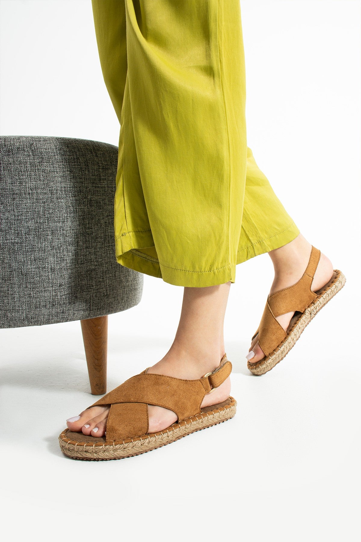 Taba Kadın Hasır Taban Anatomik Comfort Espadril Ergonomik Arka Cırtlı Günlük Sandalet