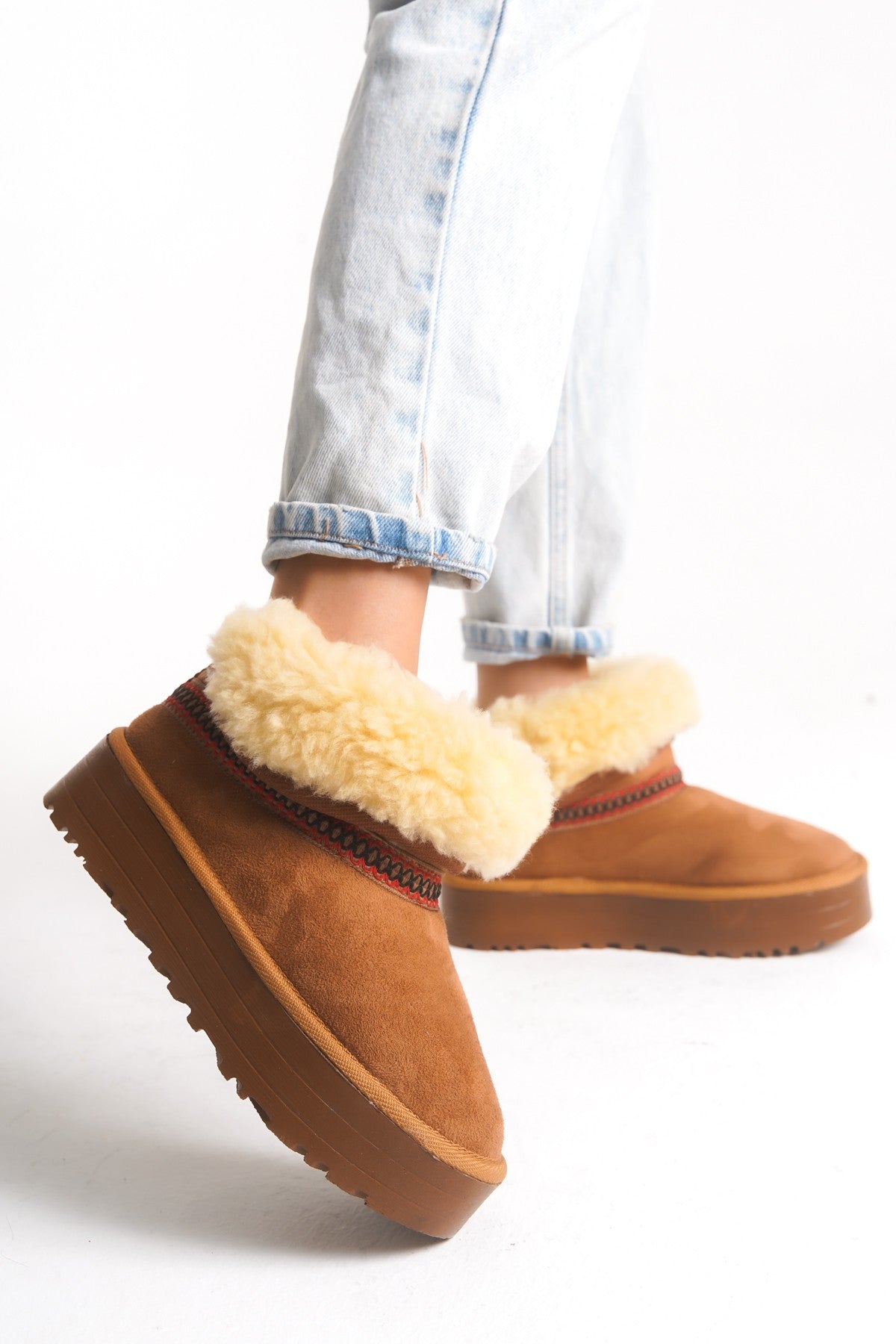 Taba Tüylü Rahat Kadın Bot Slip On Yarım Ergonomik Yumuşak Taban Bot