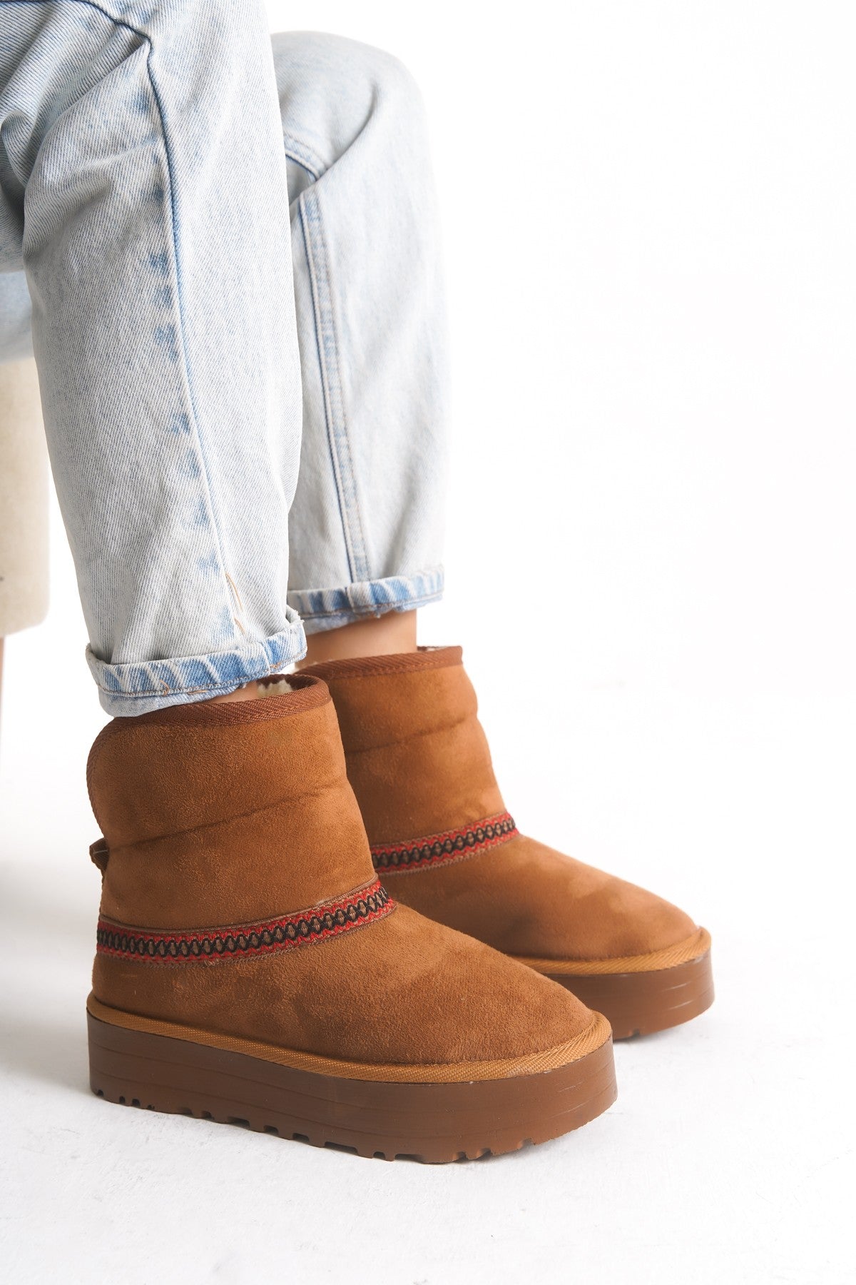 Taba Tüylü Rahat Kadın Bot Slip On Yarım Ergonomik Yumuşak Taban Bot