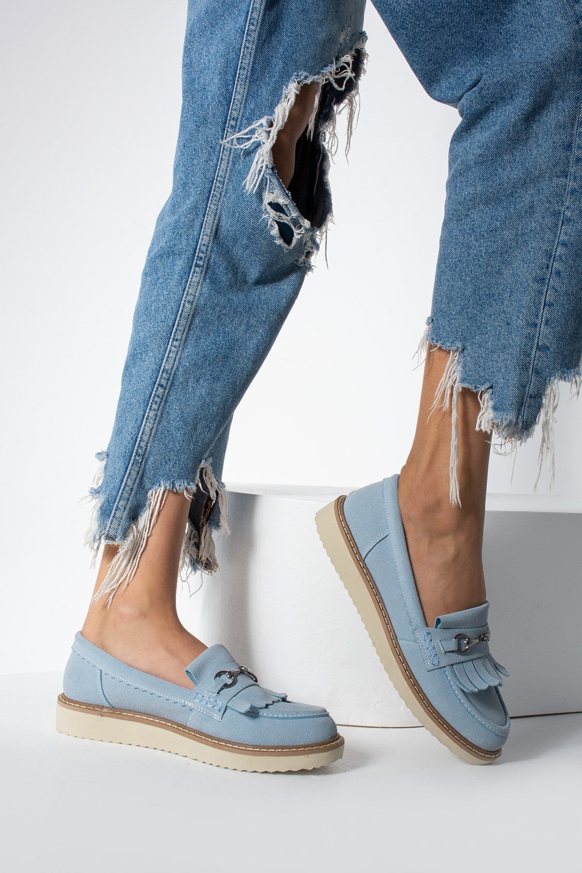 Turkuaz Kadın Loafer Püsküllü Günlük Rahat Ergonomik Ayakkabı