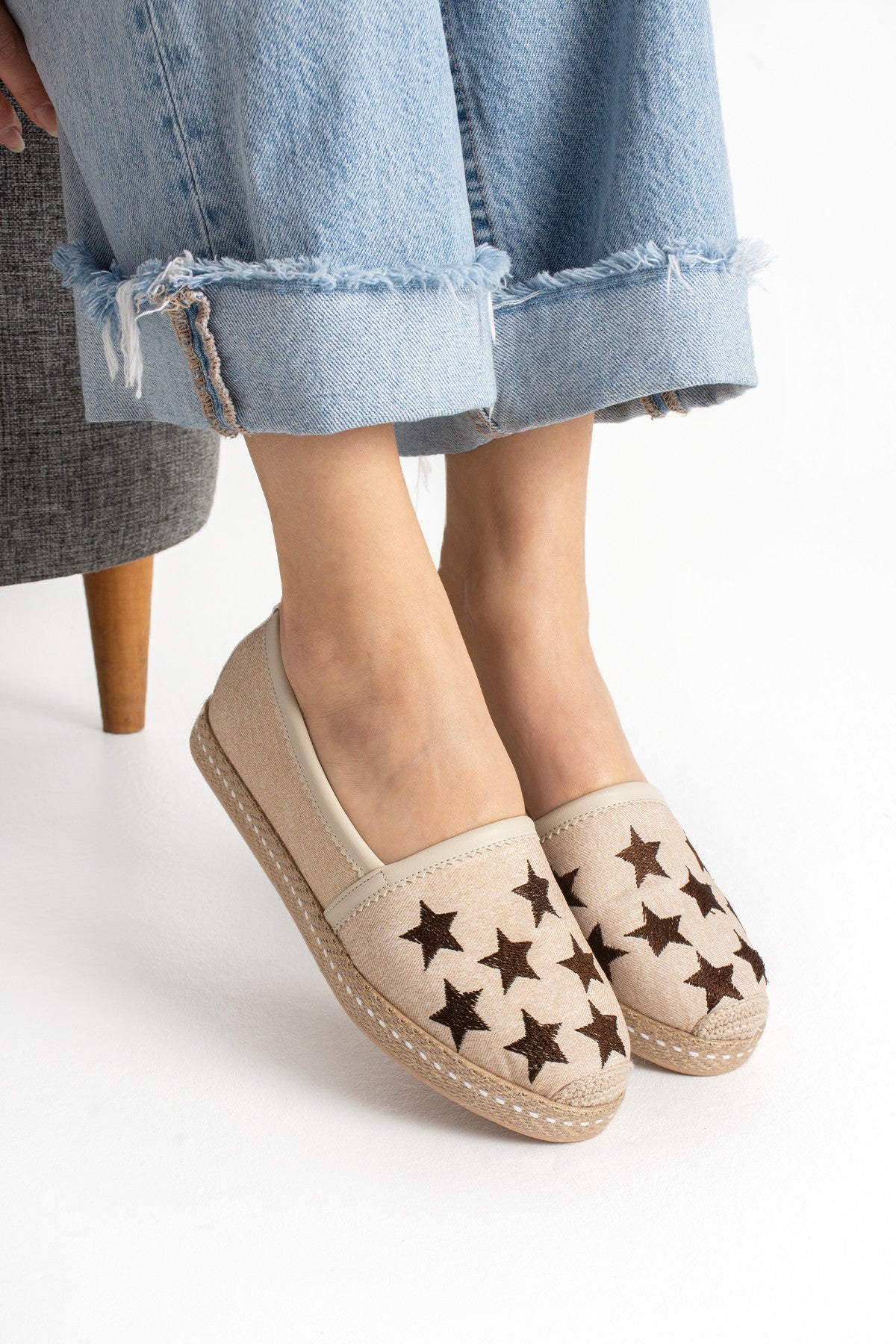 Vizon Kadın Hasır Taban Yıldız Detaylı Espadril Rahat ve Ergonomik Ayakkabı