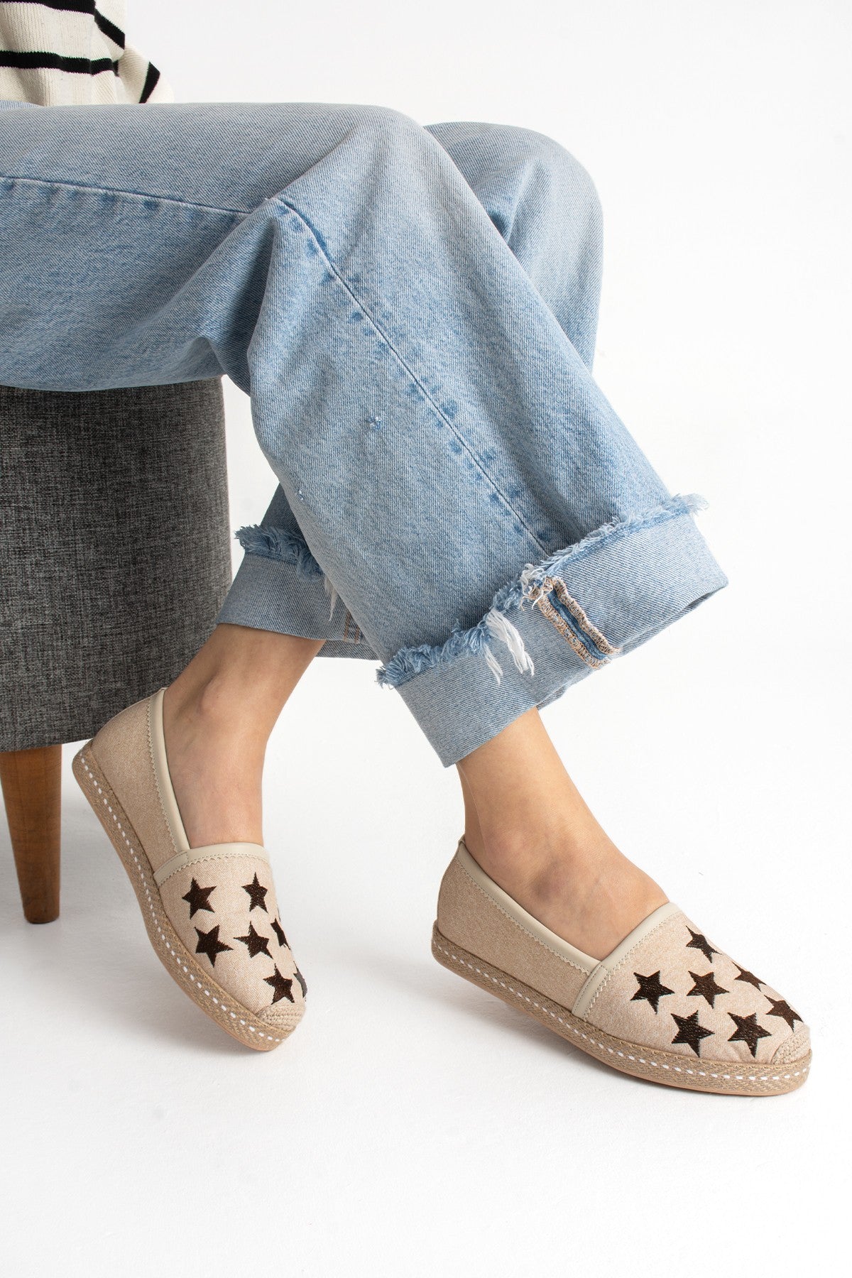Vizon Kadın Hasır Taban Yıldız Detaylı Espadril Rahat ve Ergonomik Ayakkabı